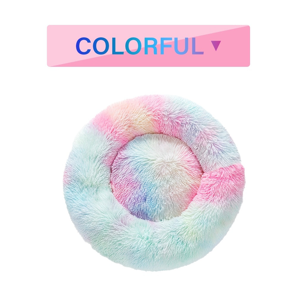 a colorful furry pillow on a white background