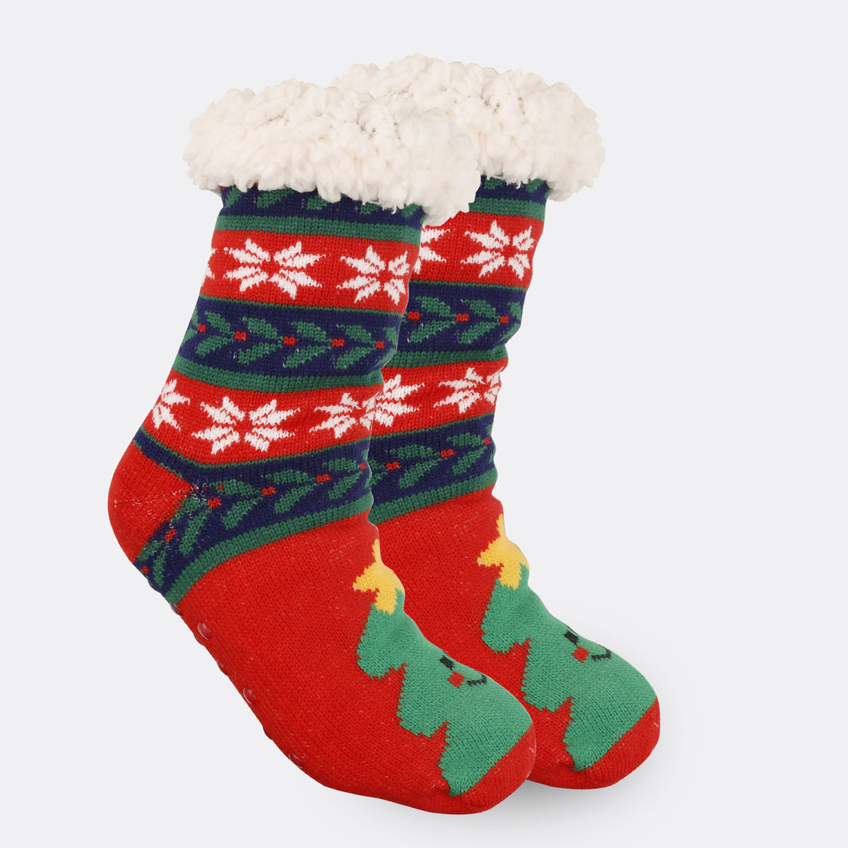 a pair of red and green socks with white fur