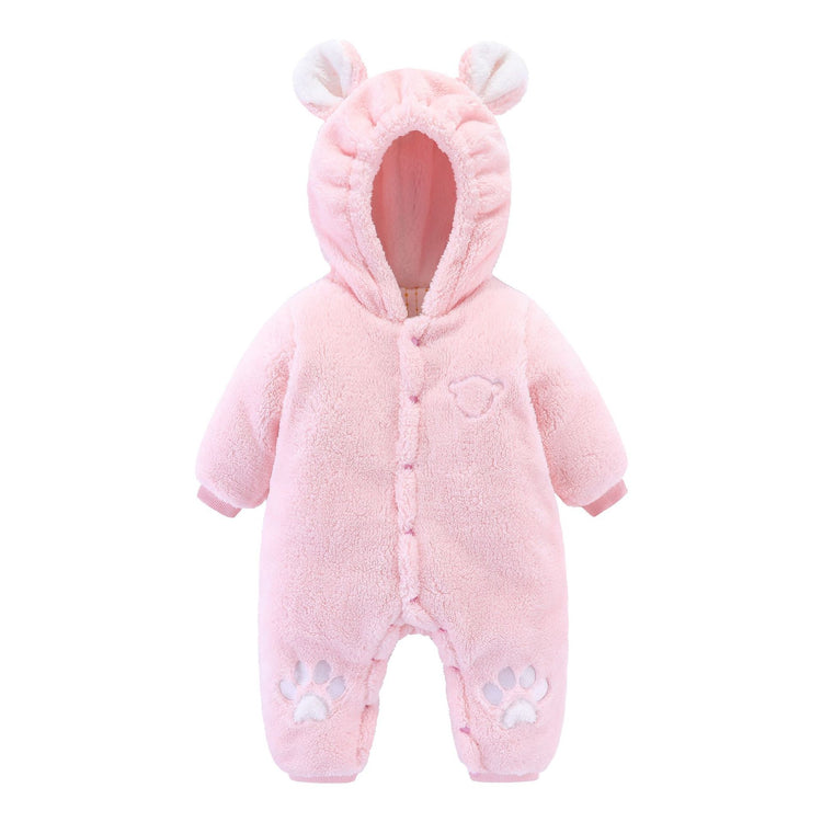 a pink baby romper with ears