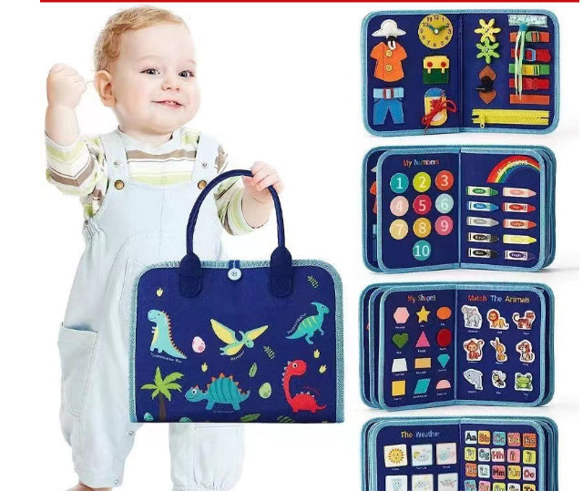 a baby holding a blue bag