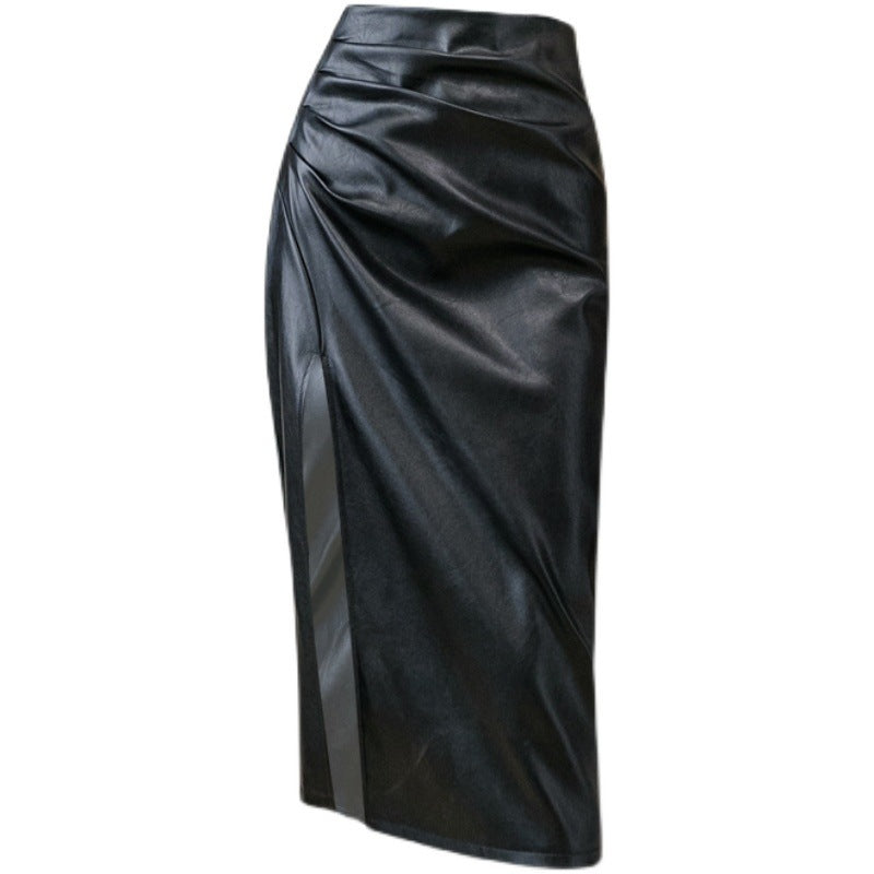 High Waist Slim Pleated Leather Skirt