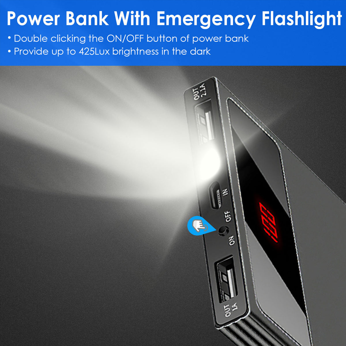 a power bank with a flash light coming out of it