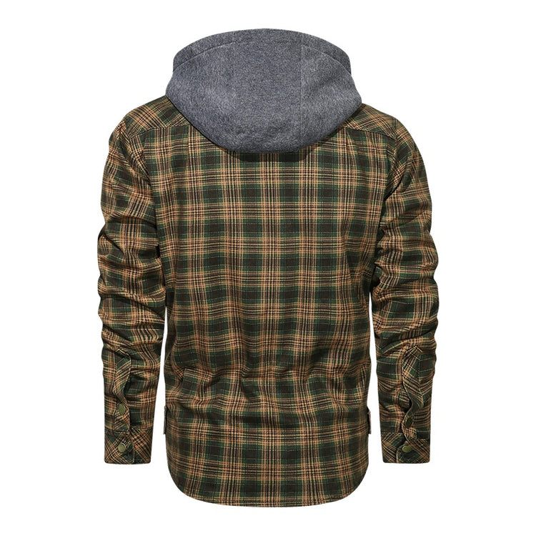 a green and brown plaid jacket with a grey hood