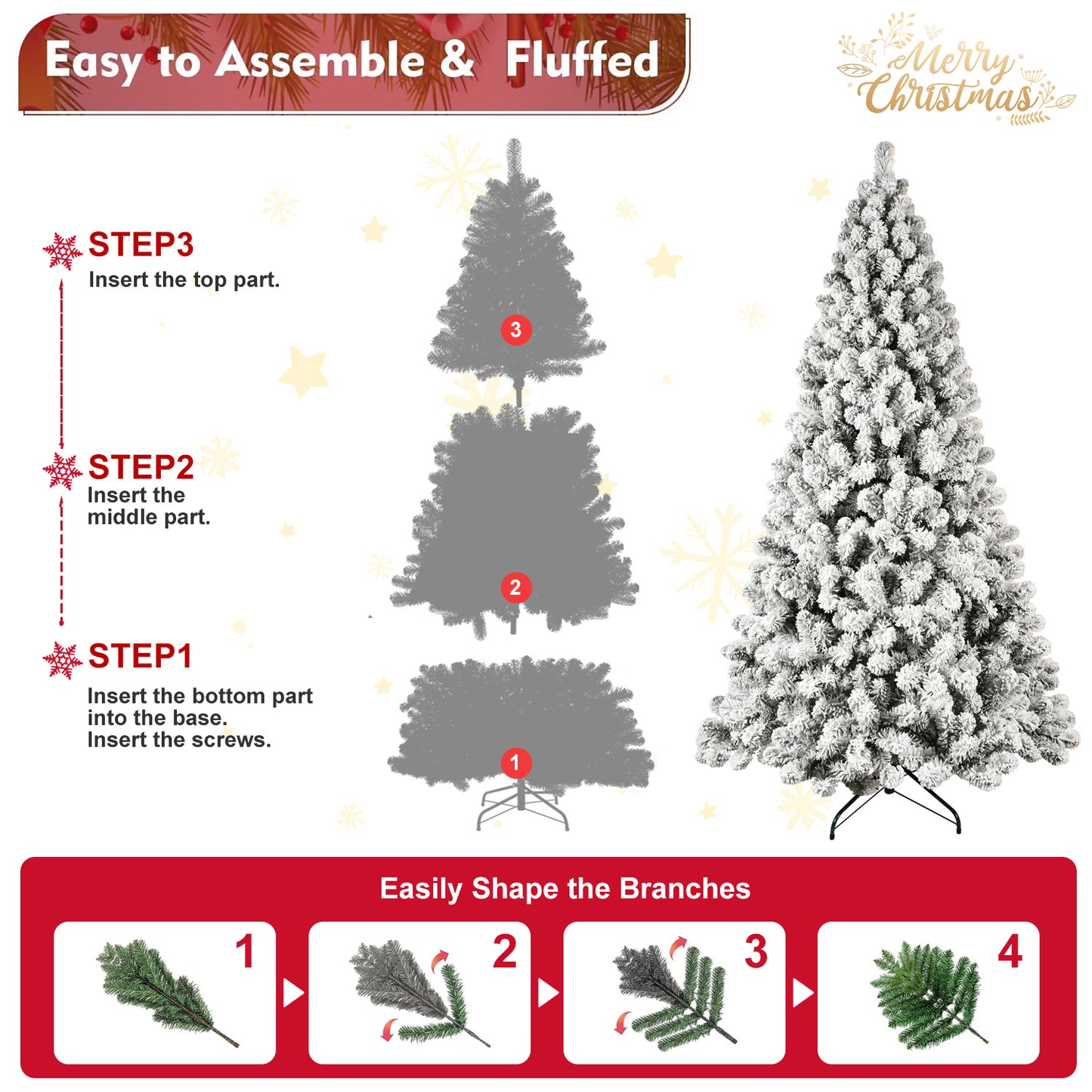 5ft 6ft 8ft 9ft Pre-Lit Flocked Christmas Tree Hinged Artificial Xmas Trees Premium PVC Branches With Lights
