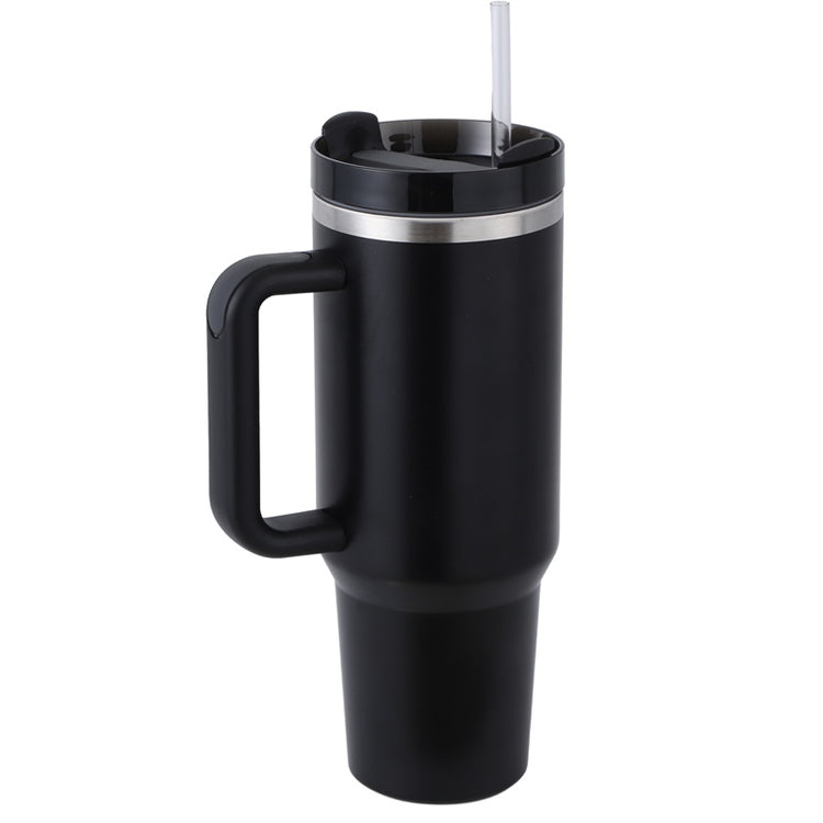a black and silver coffee mug