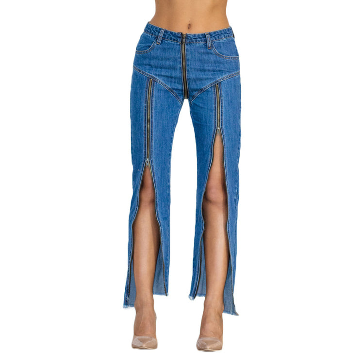a woman wearing blue jeans