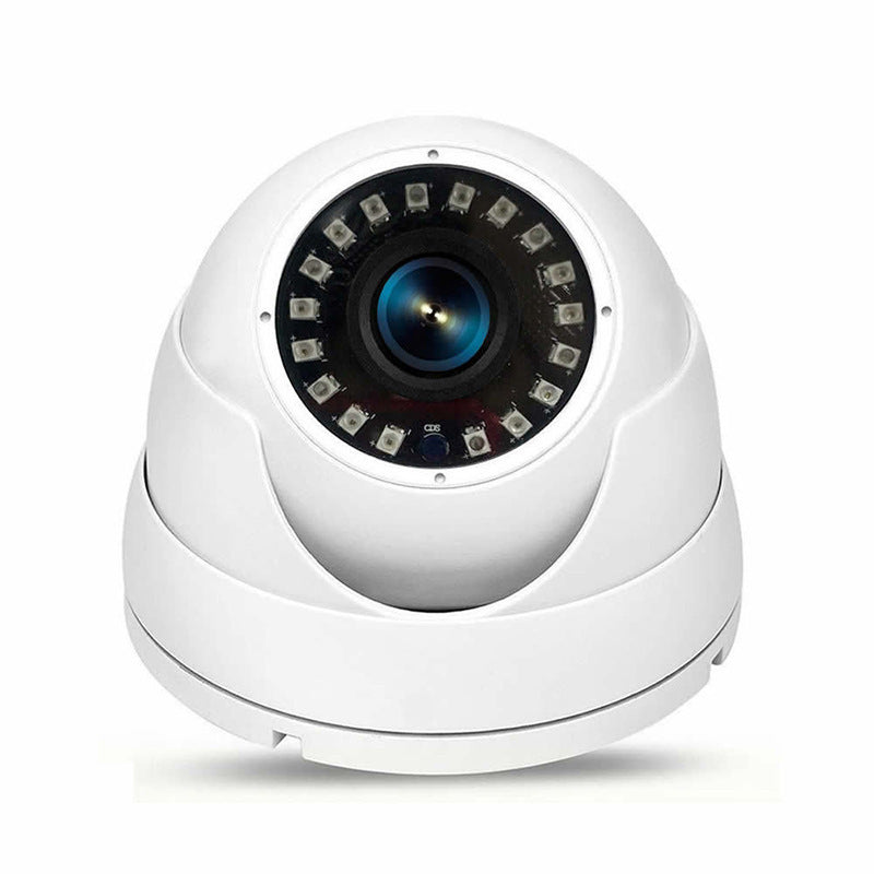 a white dome camera with a blue lens