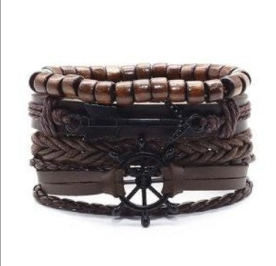 a brown bracelet with a black steering wheel