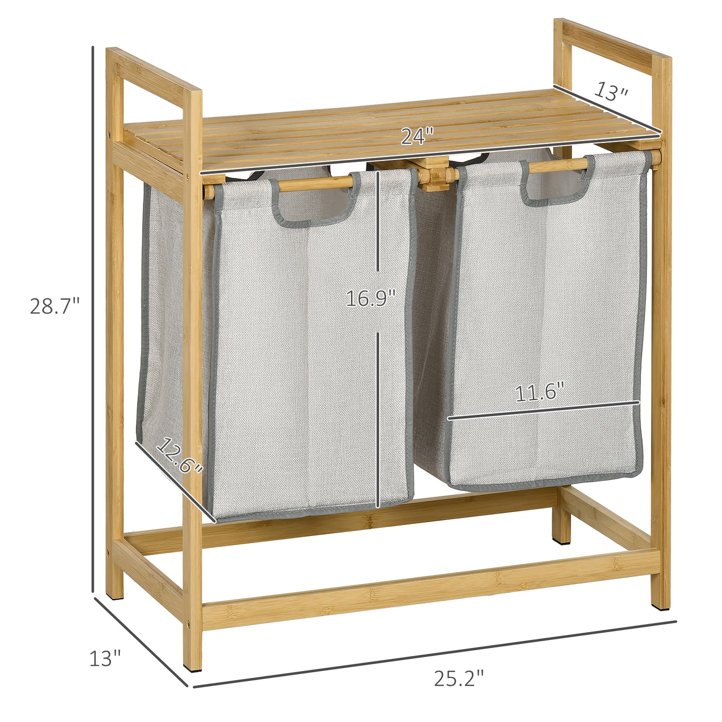 Bamboo Laundry Basket, Double Laundry Hamper with Shelf, 2 Pull-Out and Removable Bags, Natural Wood and Dark Gray