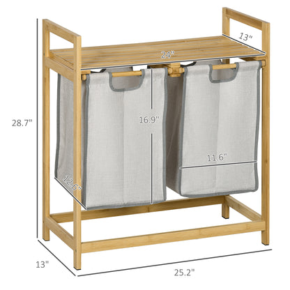 Bamboo Laundry Basket, Double Laundry Hamper with Shelf, 2 Pull-Out and Removable Bags, Natural Wood and Dark Gray