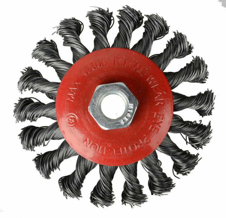a circular metal brush with a red plastic disc