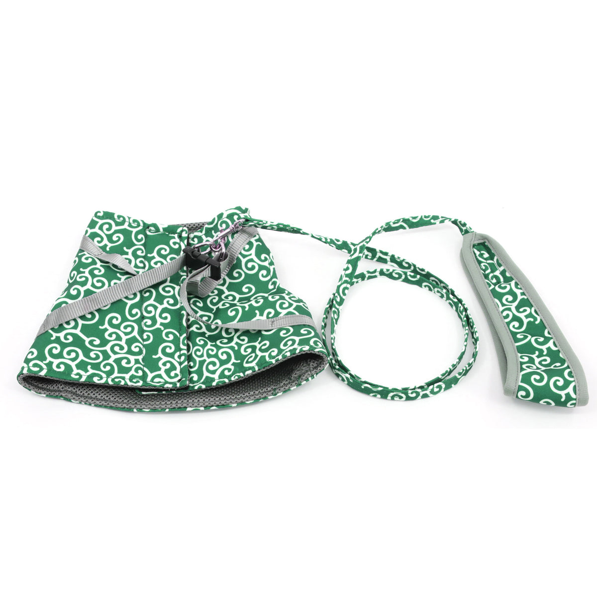a green bag with white swirls on it