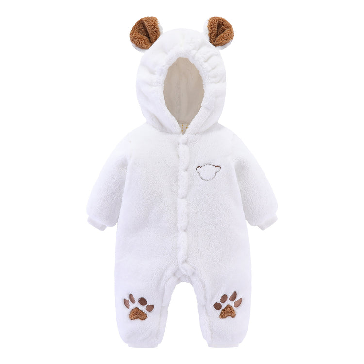 a white baby suit with a hood