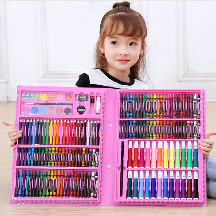 a girl holding a pink art set