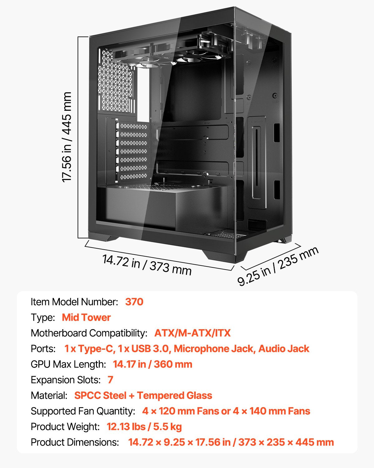 a computer tower with dimensions