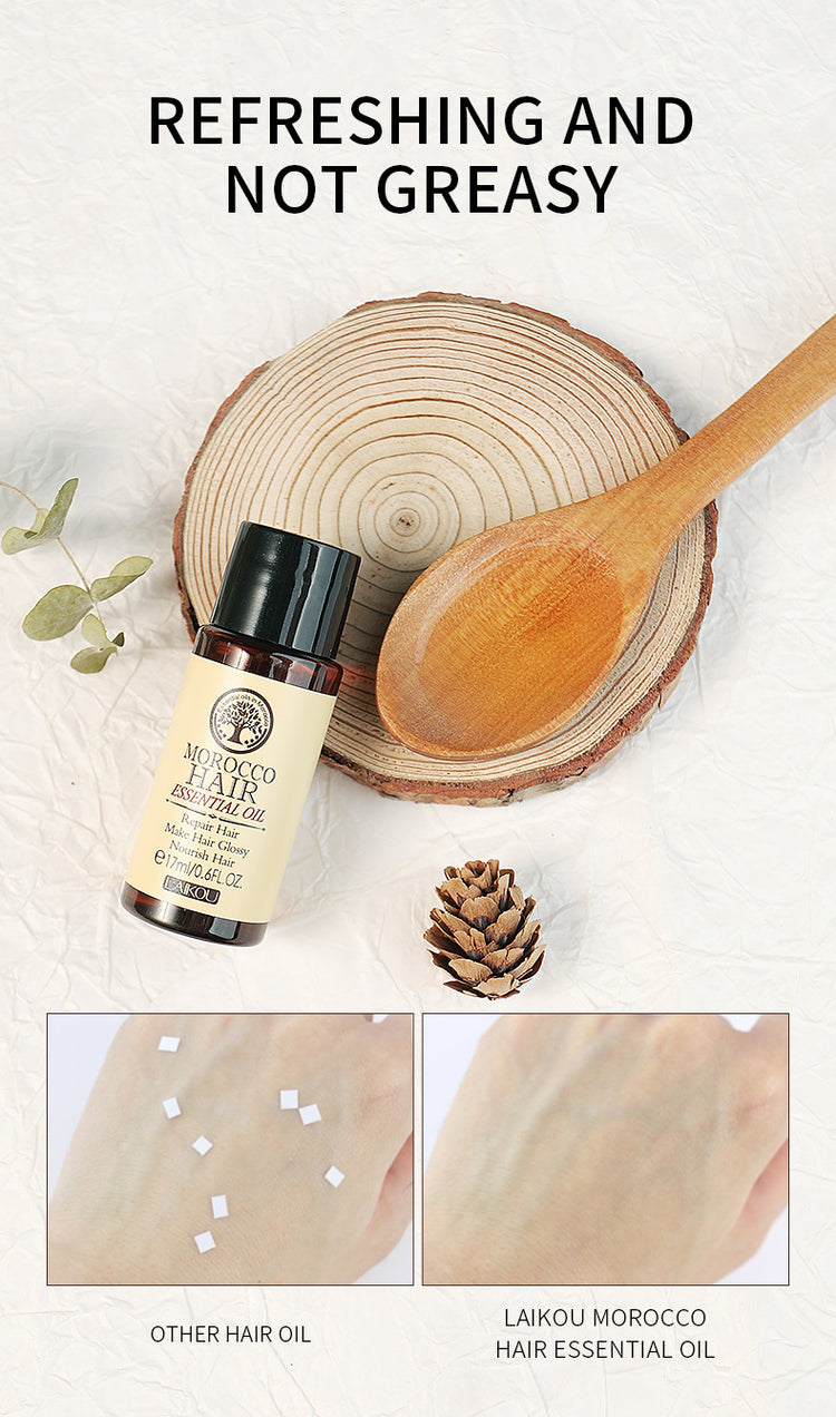 a wooden spoon and a bottle of hair oil