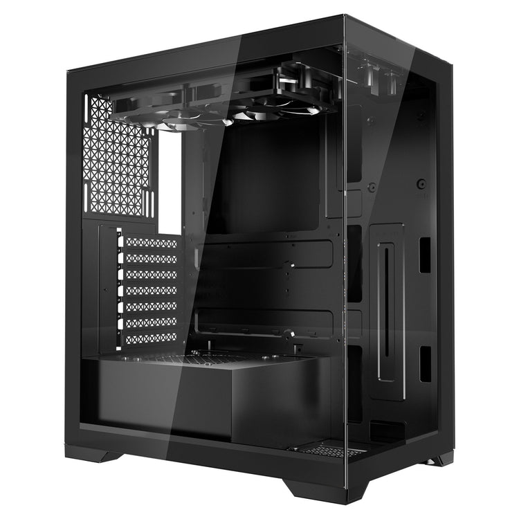 a black computer tower with a clear glass door