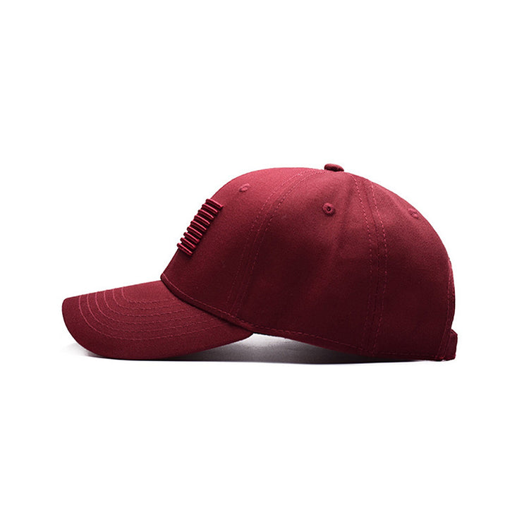 a red hat with a patch on the front