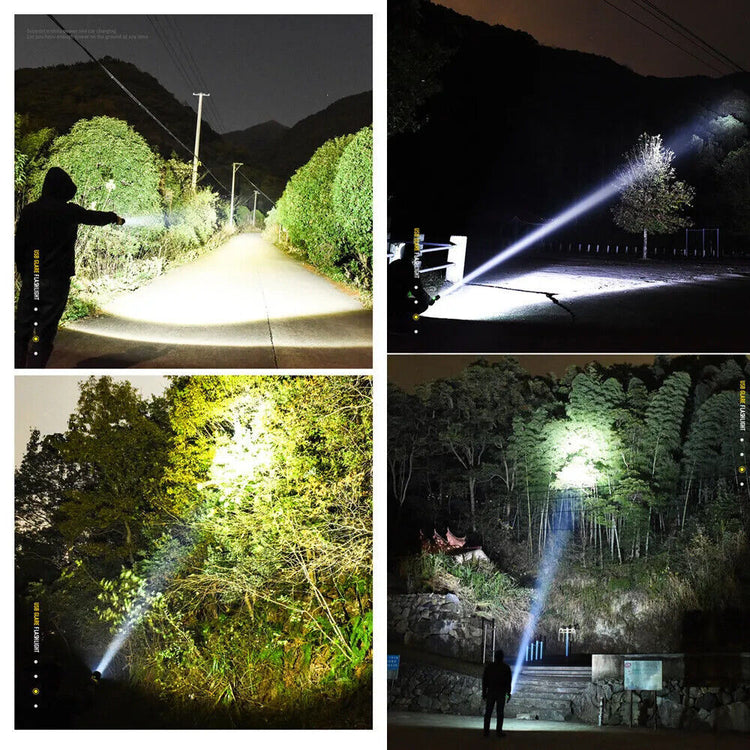 a collage of a man with a flashlight