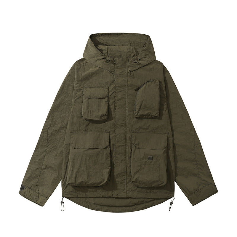 a green jacket with pockets