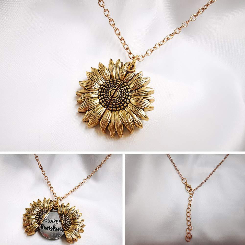 a collage of a necklace with a sunflower pendant