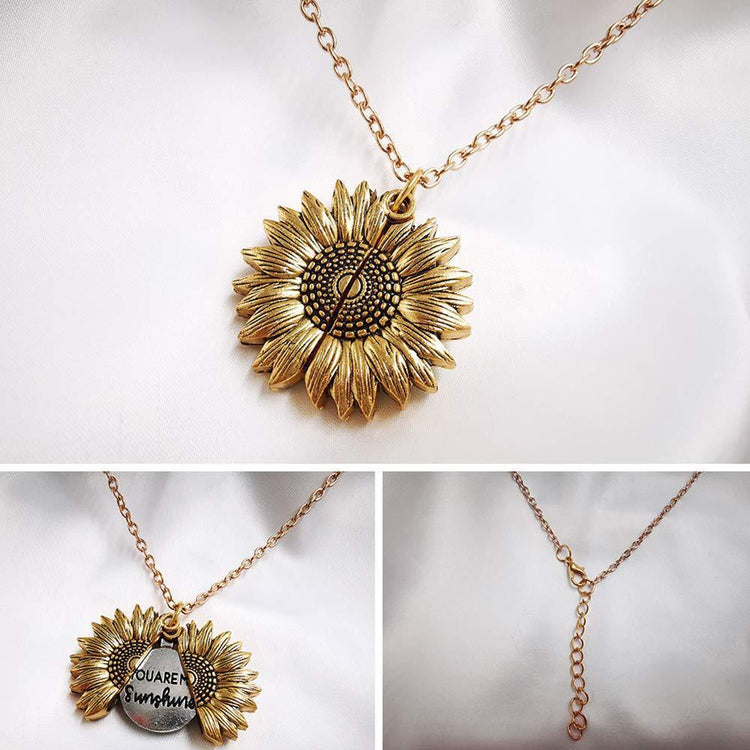 a collage of a necklace with a sunflower pendant