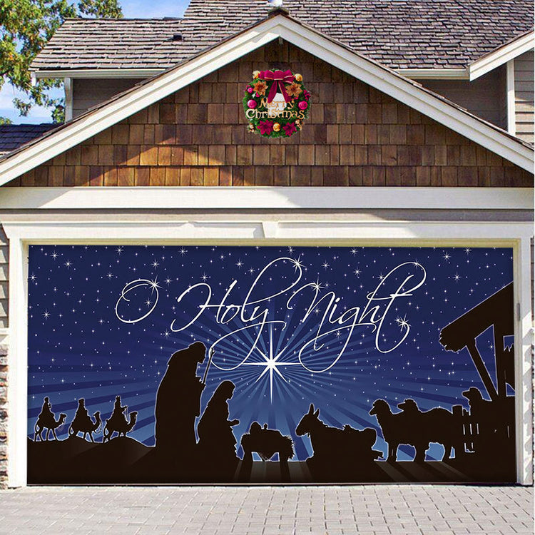 a garage door with a nativity scene
