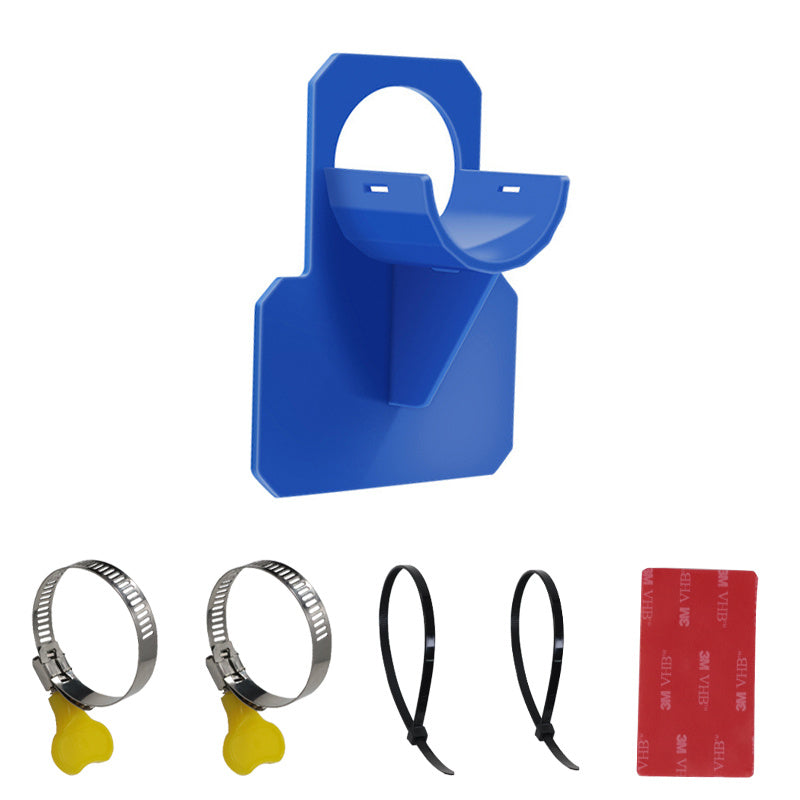 a blue plastic holder with a few metal clips