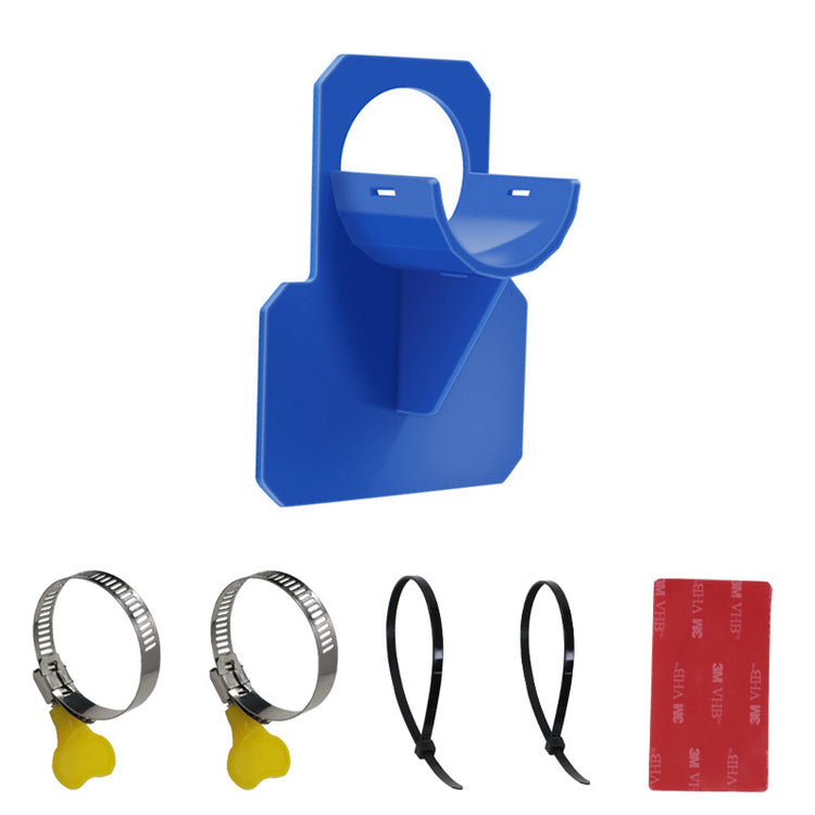 a blue plastic holder with a few metal clips