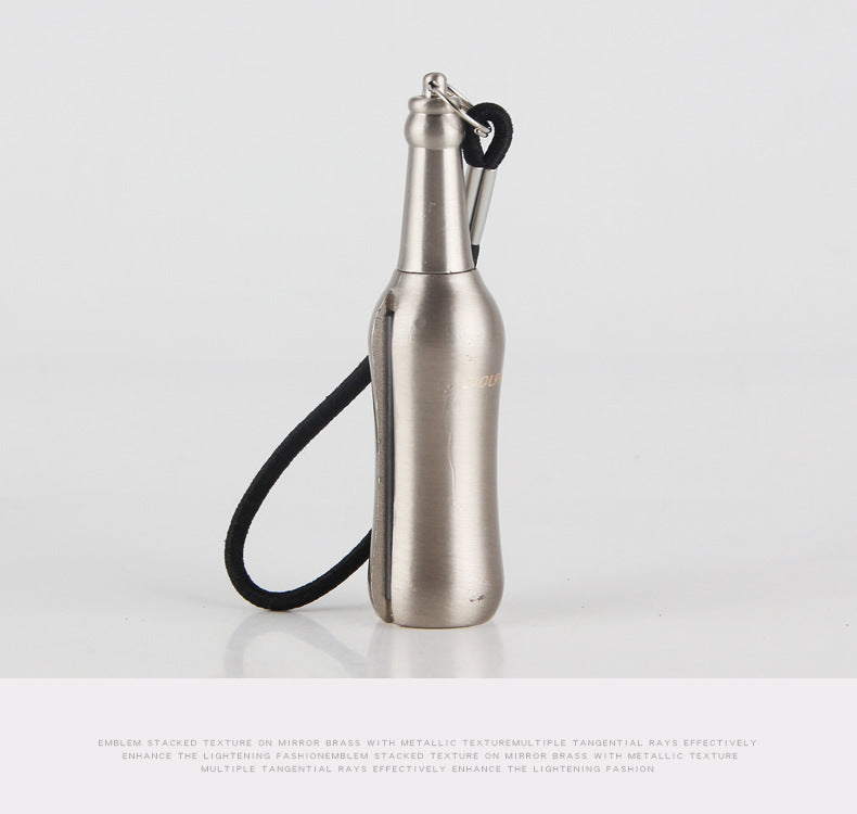 a silver bottle with a black strap