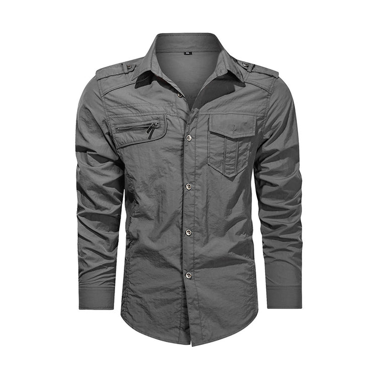 a grey button up shirt