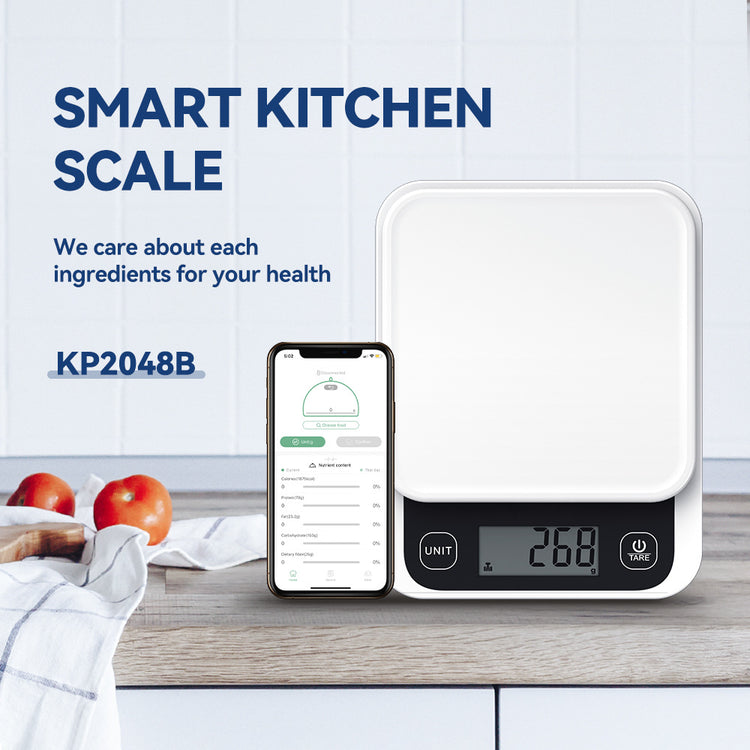 a smart kitchen scale and a phone