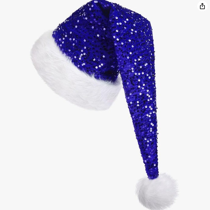 a blue and white hat with white fur