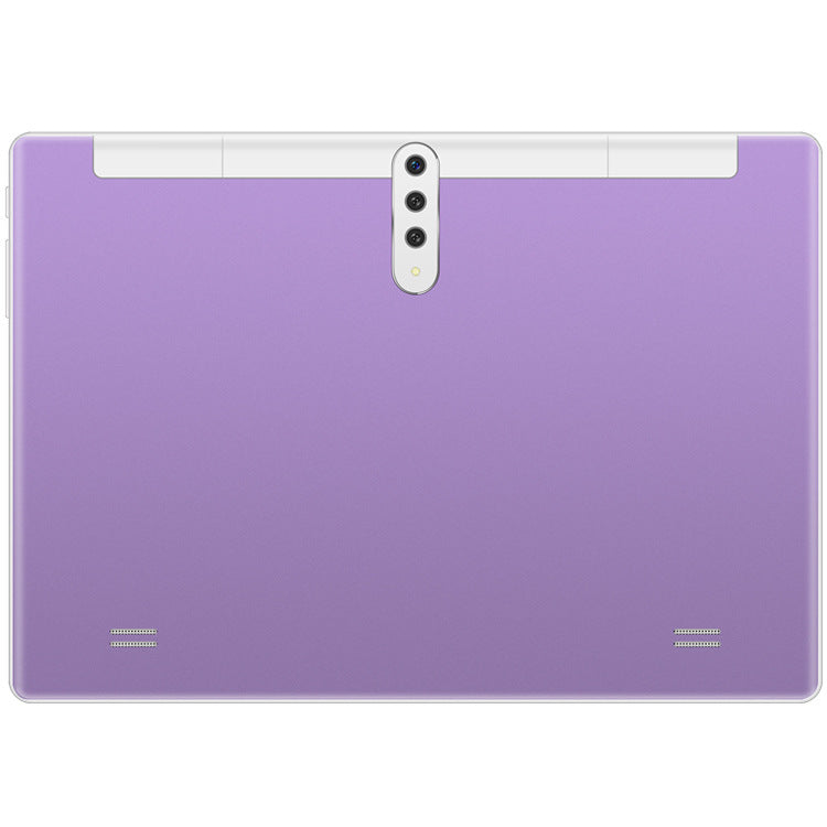 a rectangular purple tablet with two cameras