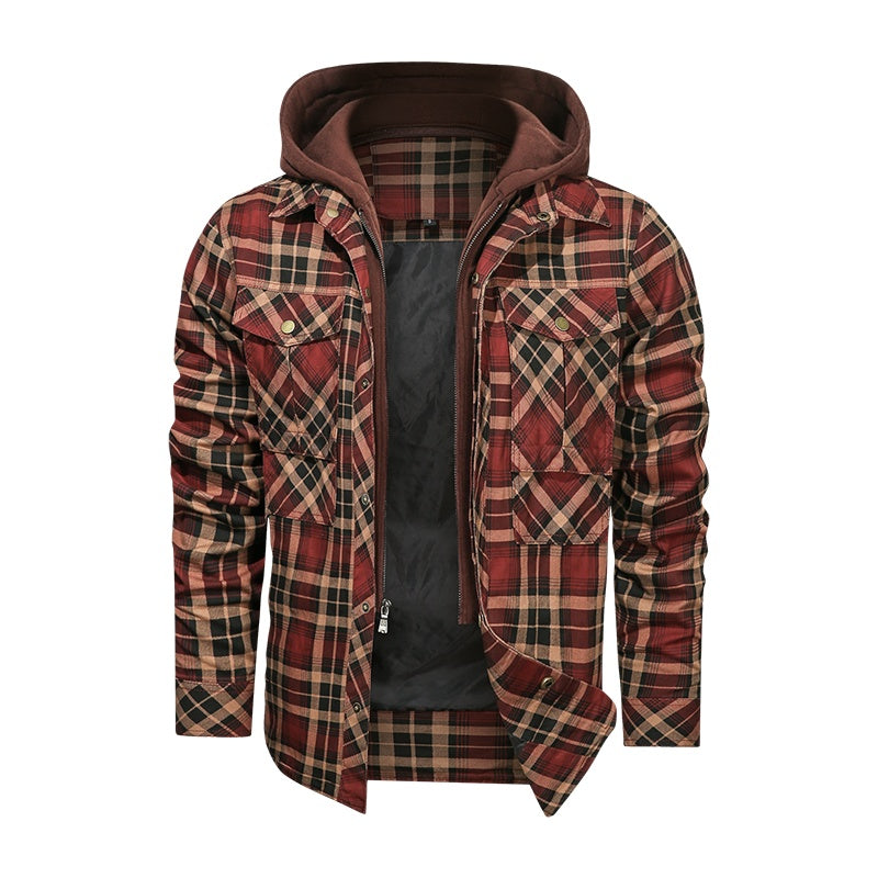 a red and black plaid jacket