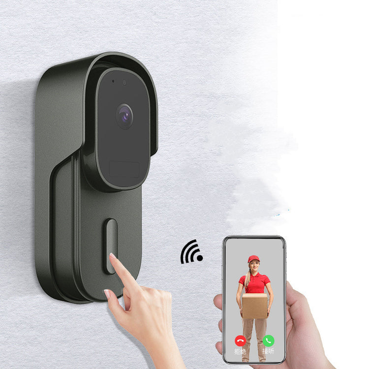 a hand touching a phone with a camera on a wall