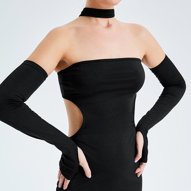 a woman in a black dress
