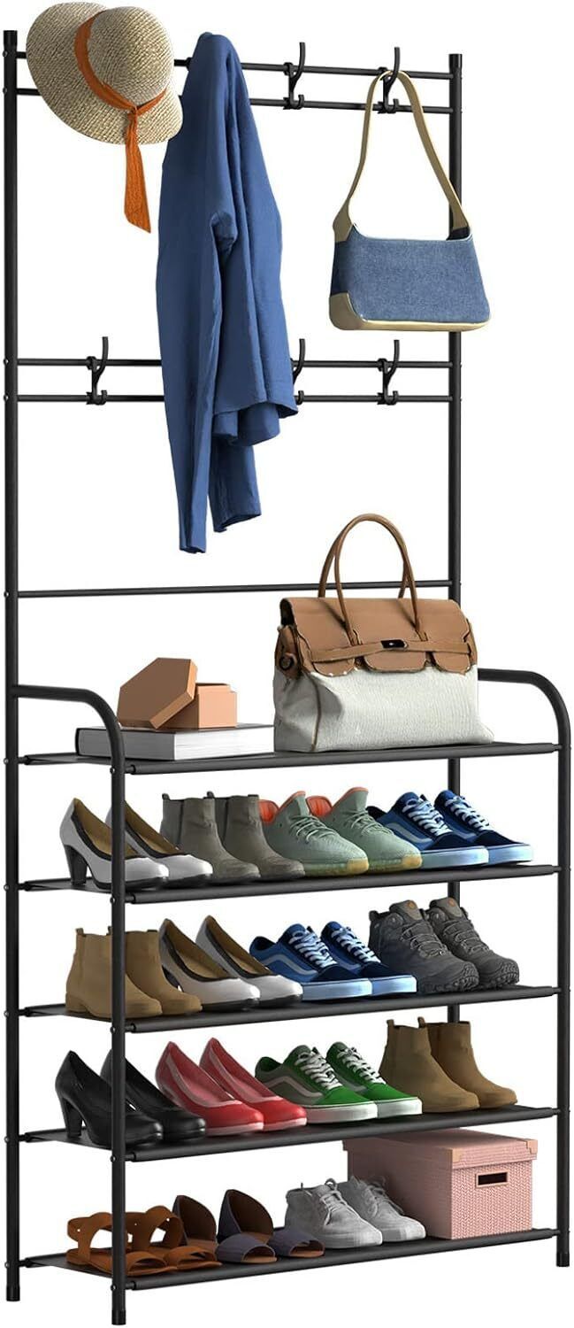 a shoe rack with shoes and a bag