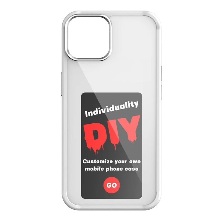 a white phone case with a black and red label