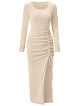 Women's U-Neck Long Sleeve Dress with Drawstring & Split