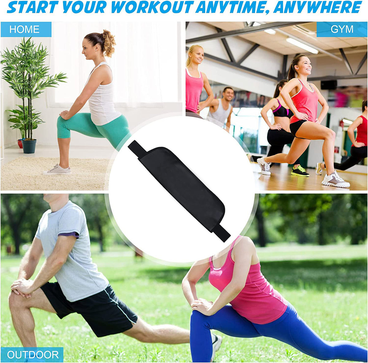 a collage of people doing stretching exercises