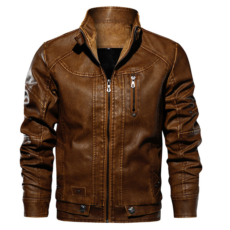 a brown leather jacket with zipper