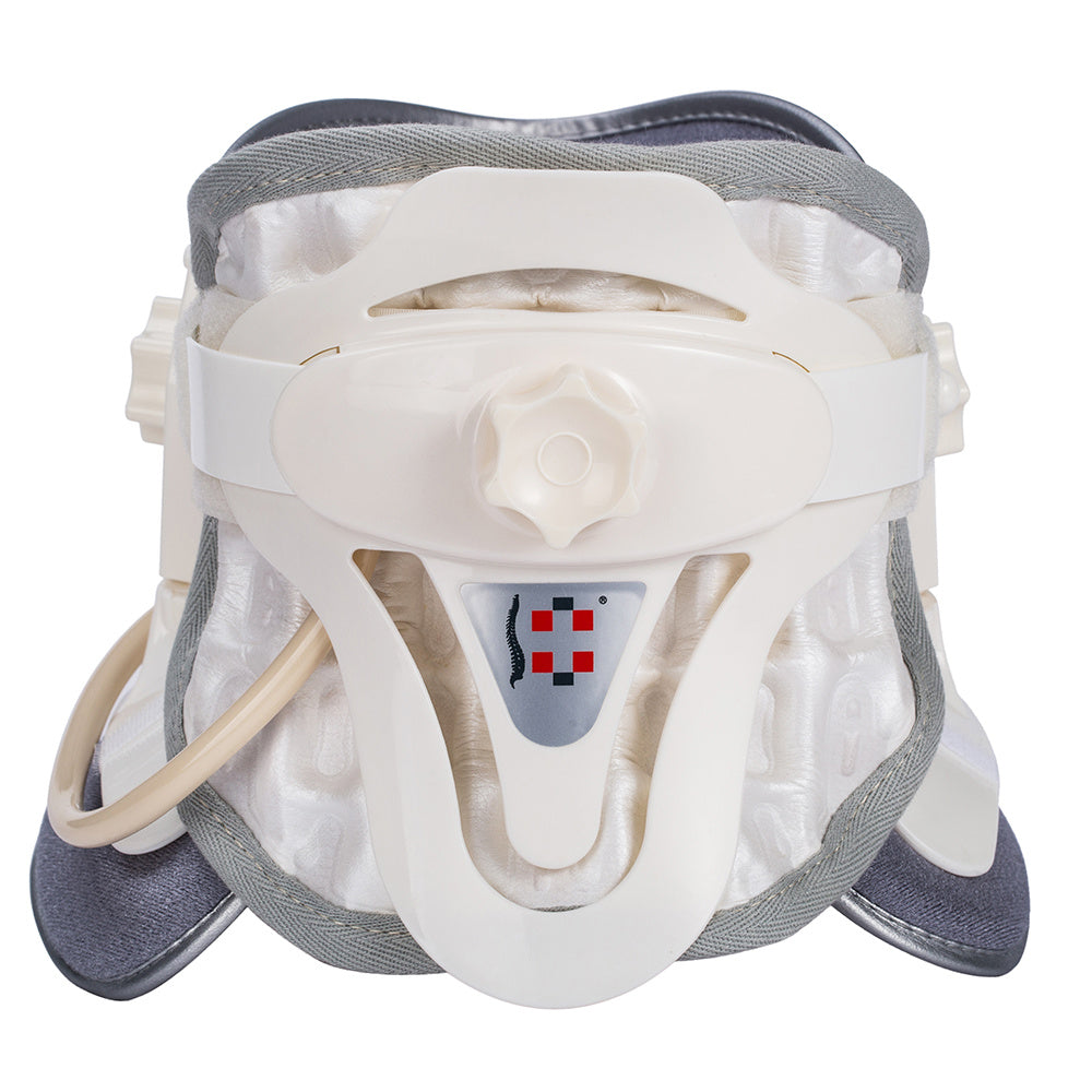 a white and grey neck brace