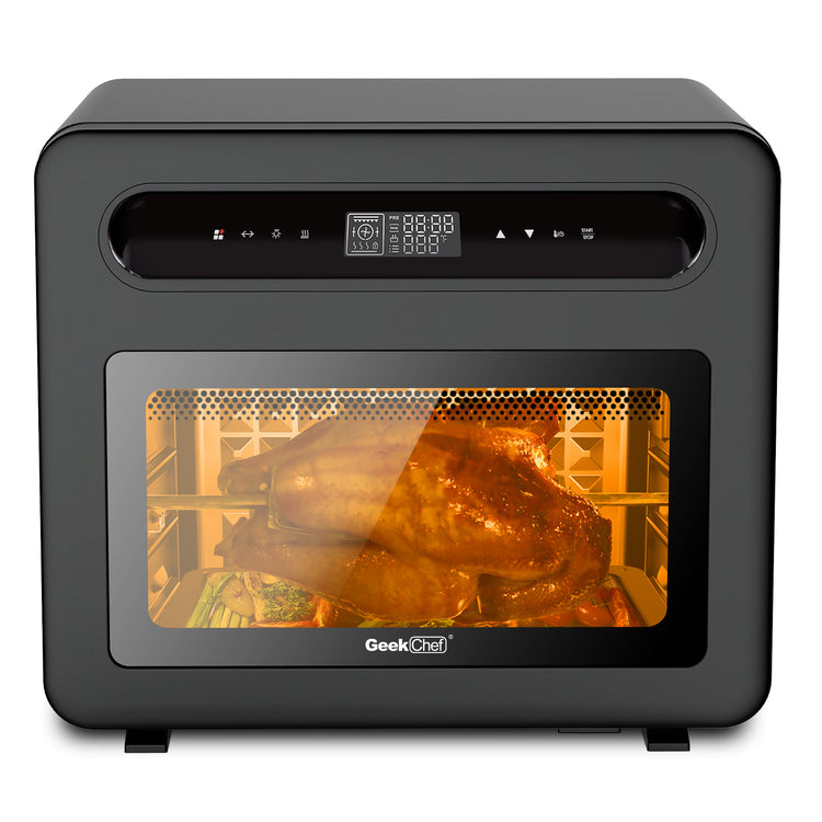 a black square oven with turkeys in it