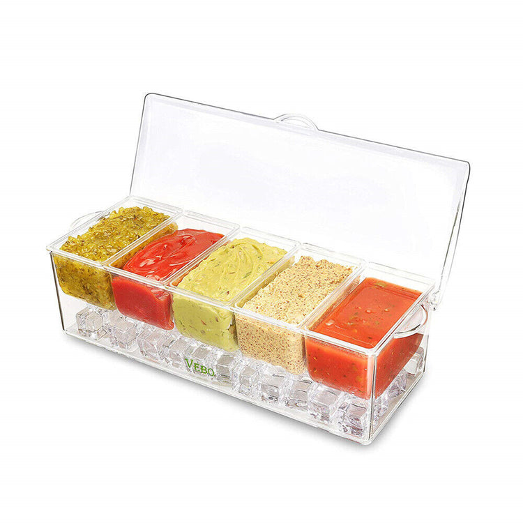 a plastic container with different colored condiments