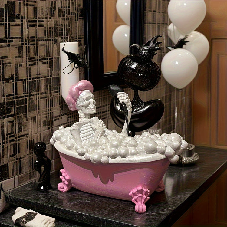 a skeleton in a bathtub with bubbles