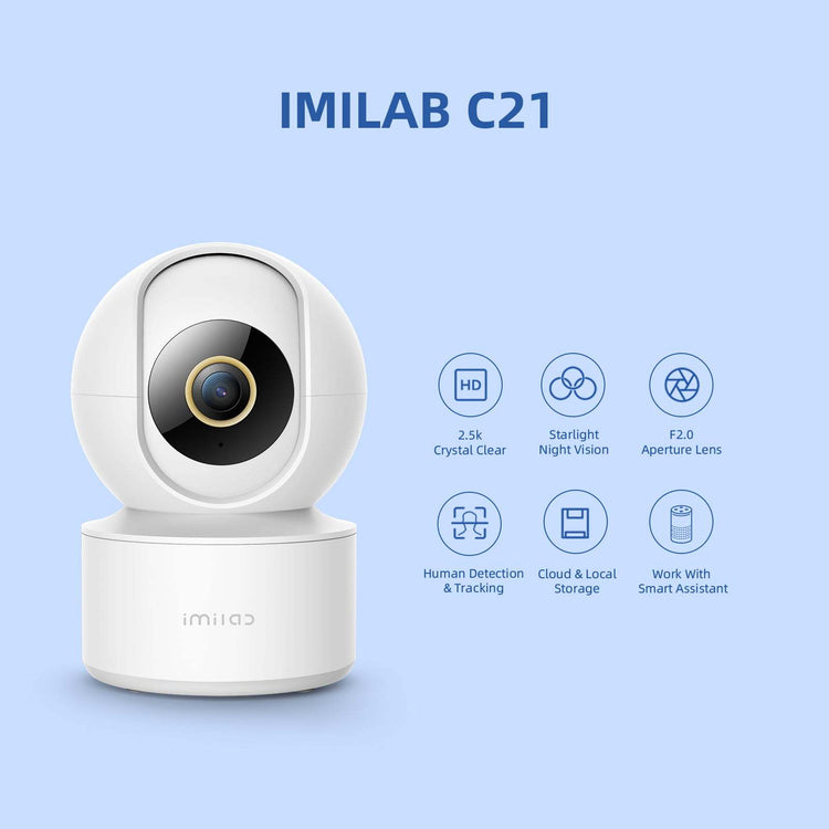 a white camera with a round lens