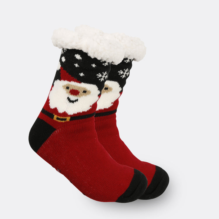 a pair of red and black socks with a santa face