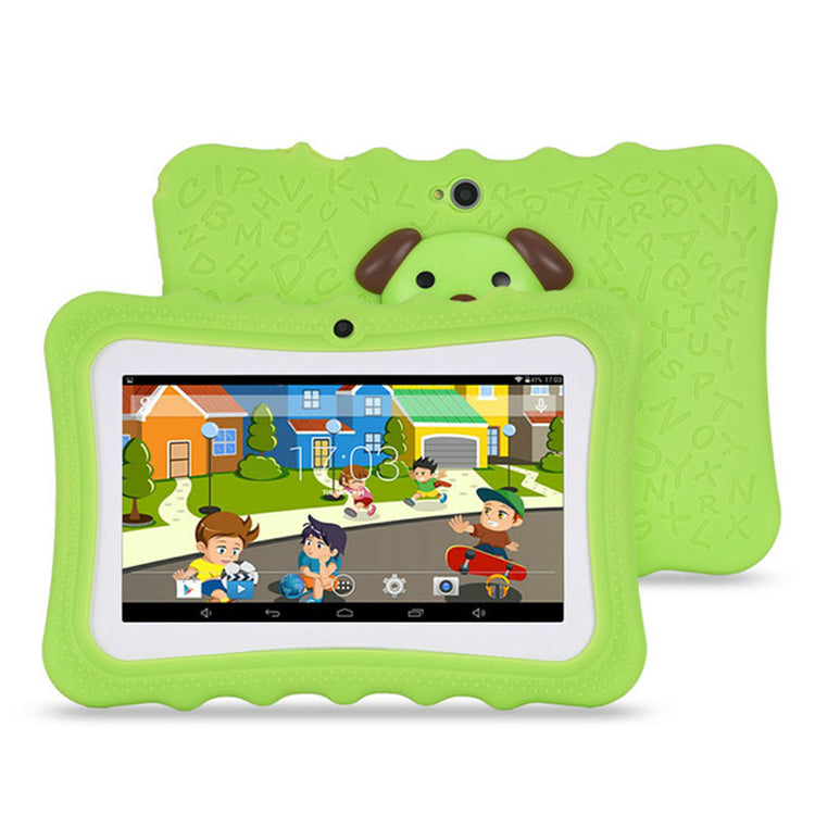a green tablet with a cartoon character on it