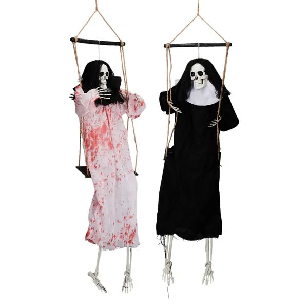 two skeletons on ropes